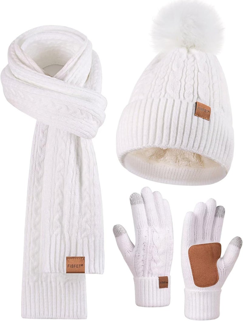 FISFET Winter Beanie Hat Scarf Gloves Set for Women, Pom Pom Beanie Fleece Lined Knit Neck Warmer Touchscreen Gloves 3 in 1 Gift Set - Image 1